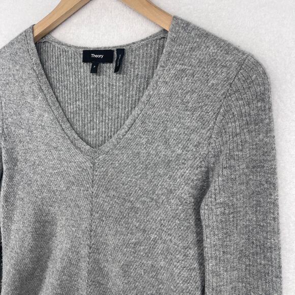 THEORY Sweater Womens Petite Cashmere V-Neck Ribbed Jumper Pullover Gray - Picture 2 of 12